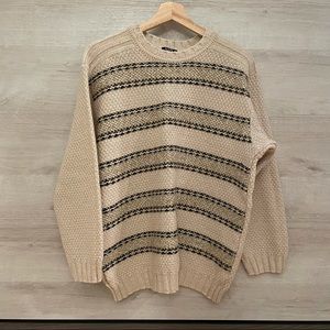 Vintage Oversized Crew Neck Striped Knit Beige Sweater